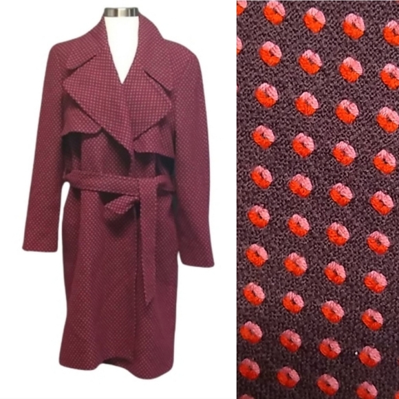 Ellen Tracy Jackets & Blazers - Linda Allard Ellen Tracy 100% Wool Belted Polkadot Burgundy Red Trench Coat 12